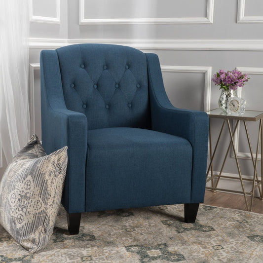Canberra Linen Fabric Tufted Armchair in Dark Blue