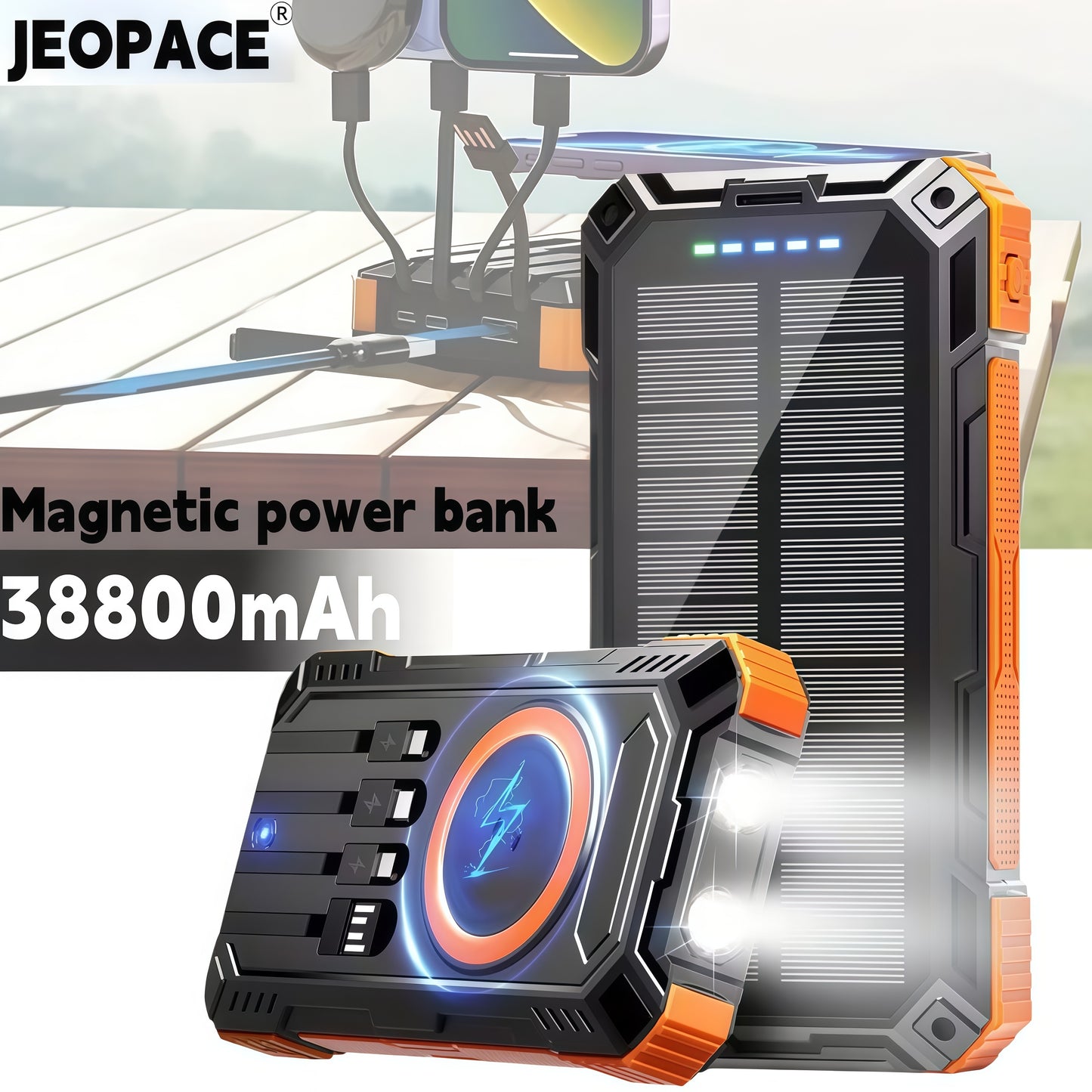 38800mAh Portable Power Bank, Portable Charger, Solar-Powered Power Bank, Wireless Power Bank