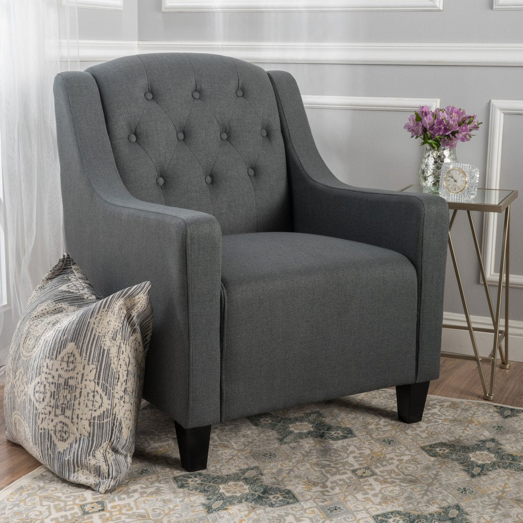 Canberra Linen Fabric Tufted Armchair in Dark Grey