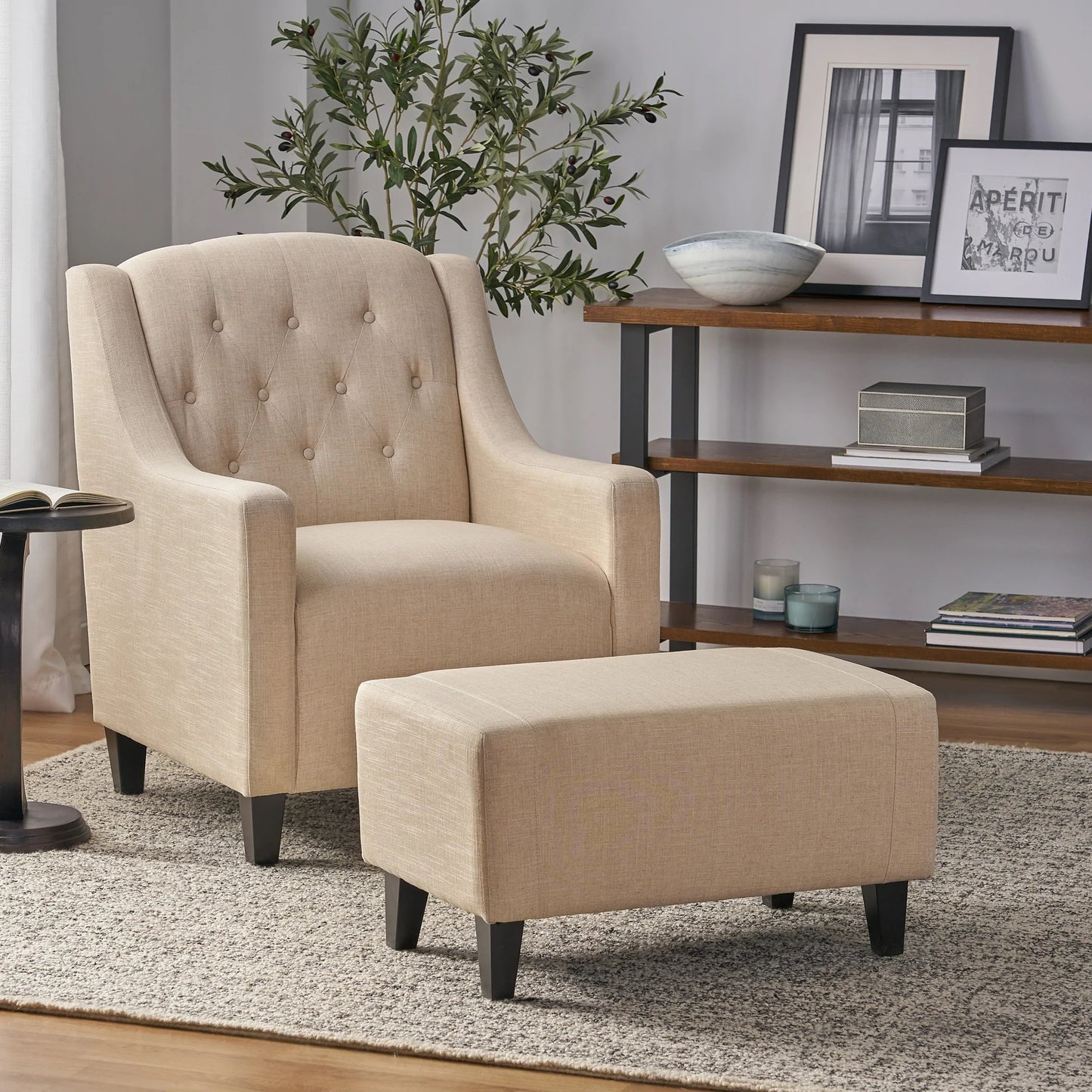 Canberra Fabric Armchair & Ottoman in Begie  Linen